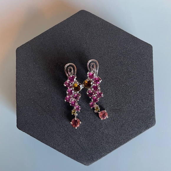 Jewelry - SOLD 925 Sterling Silver Earrings Round Tourmaline Rhodolite Garnet Gemstone